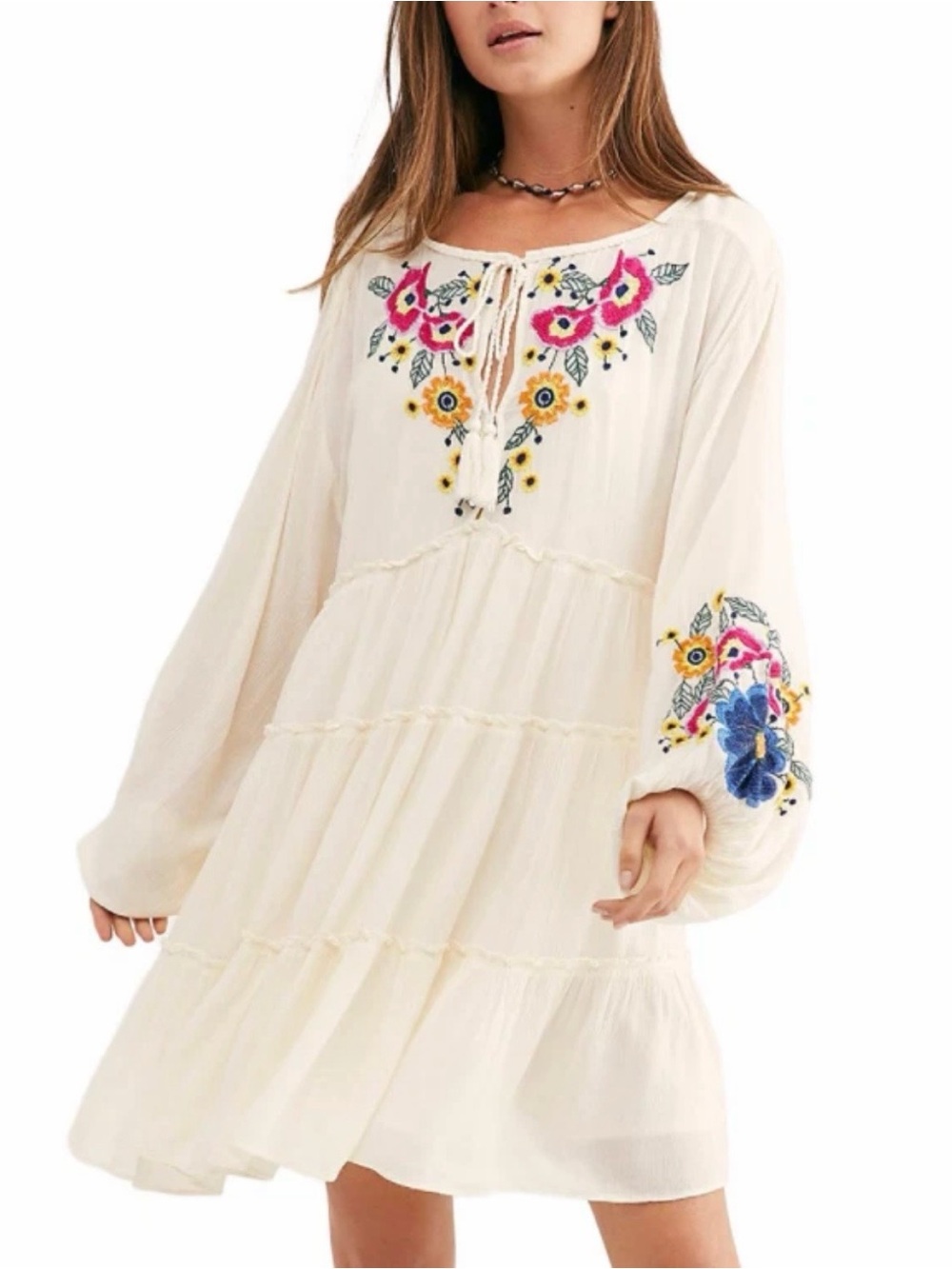 FREE PEOPLE Spell On You Ecru Ivory Floral Embroidered Peasant Dress Boho Fest